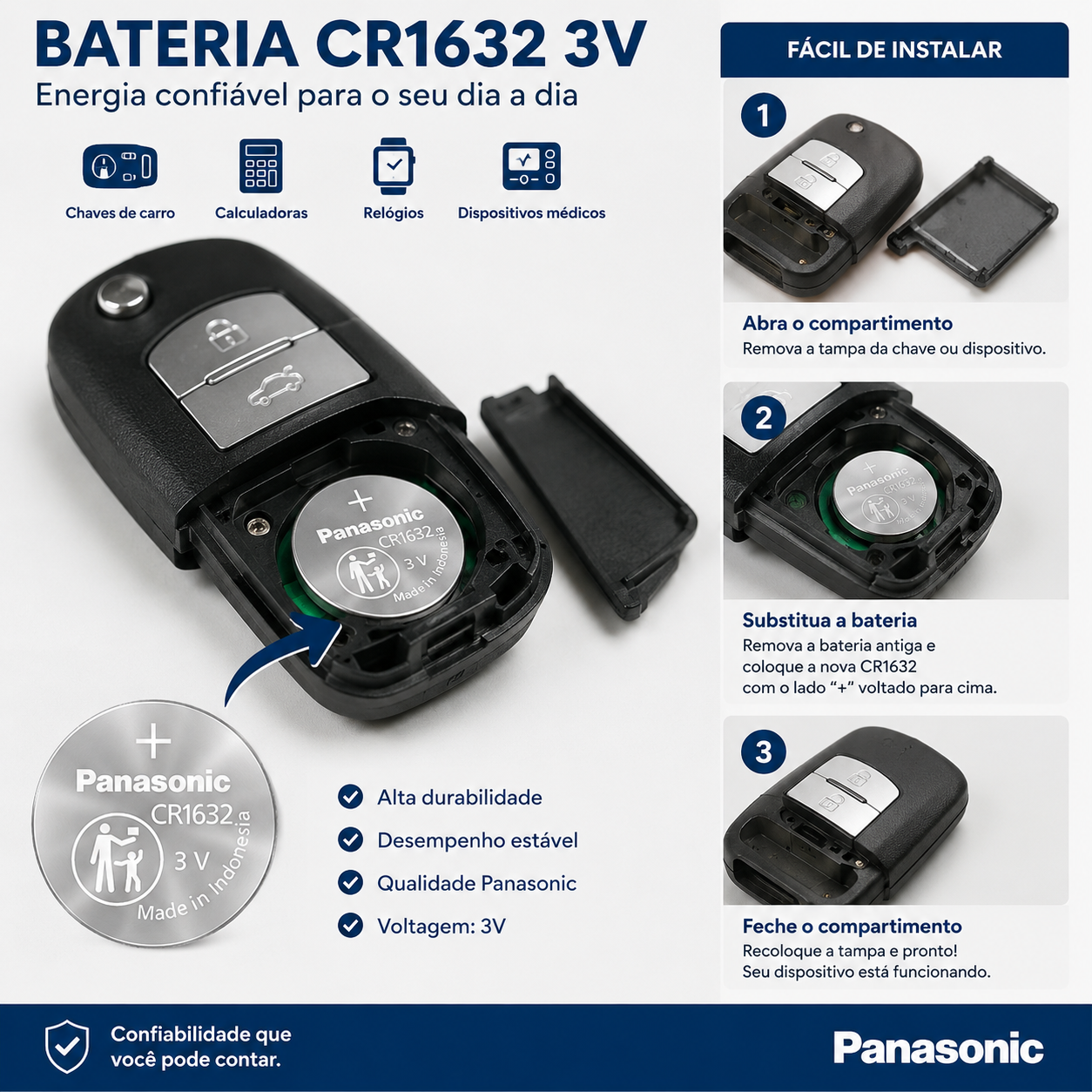 50 Baterias CR1632 Panasonic (10 Cartelas)
