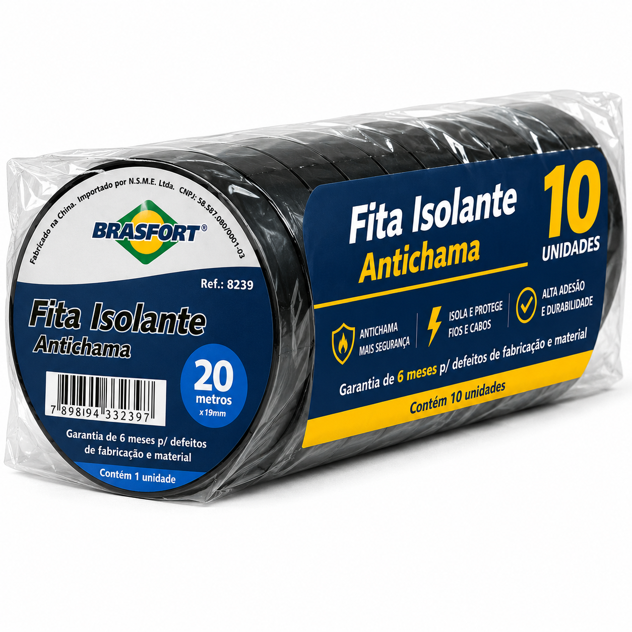 KIT C/ 10 FITA ISOLANTE ANTICHAMA 20M BRASFORT PT