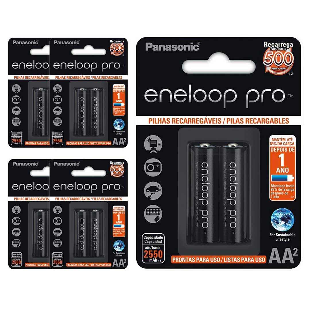 10 Pilhas Recarregaveis Eneloop Pro Aa Panasonic (5 Cart)