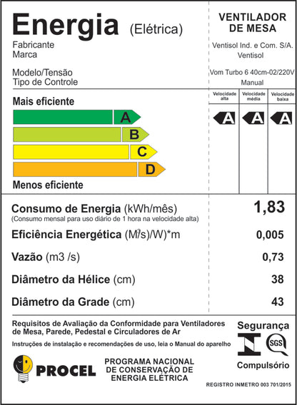 Ventilador Mesa Turbo 40cm 6p 220v Preto Ventisol [F108]