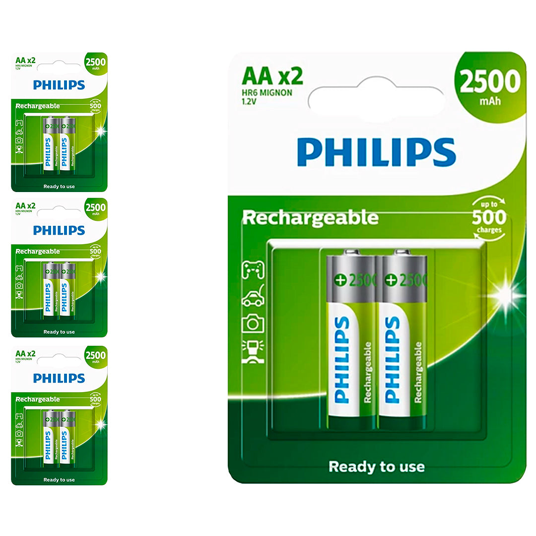 08 Pilhas AA Recarregáveis 2500mAh Philips (4  Cart)