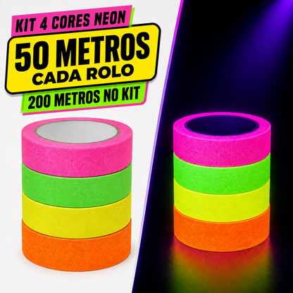 KIT COM 4 FITAS CREPE FLUORESCENTES NEON – 18mm x 50 METROS CADA