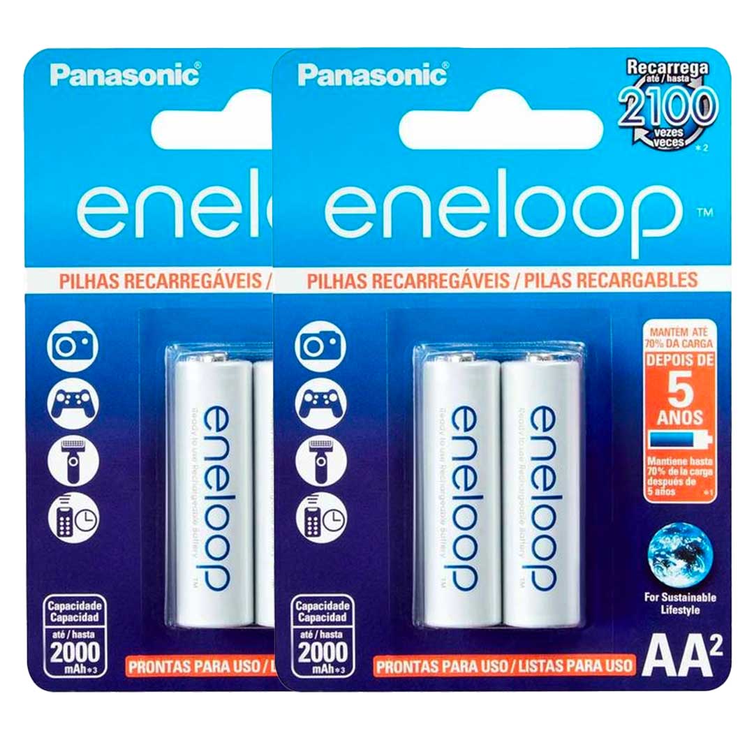 4 Pilhas Recarregaveis Eneloop Std Aa Panasonic (2 Cart)