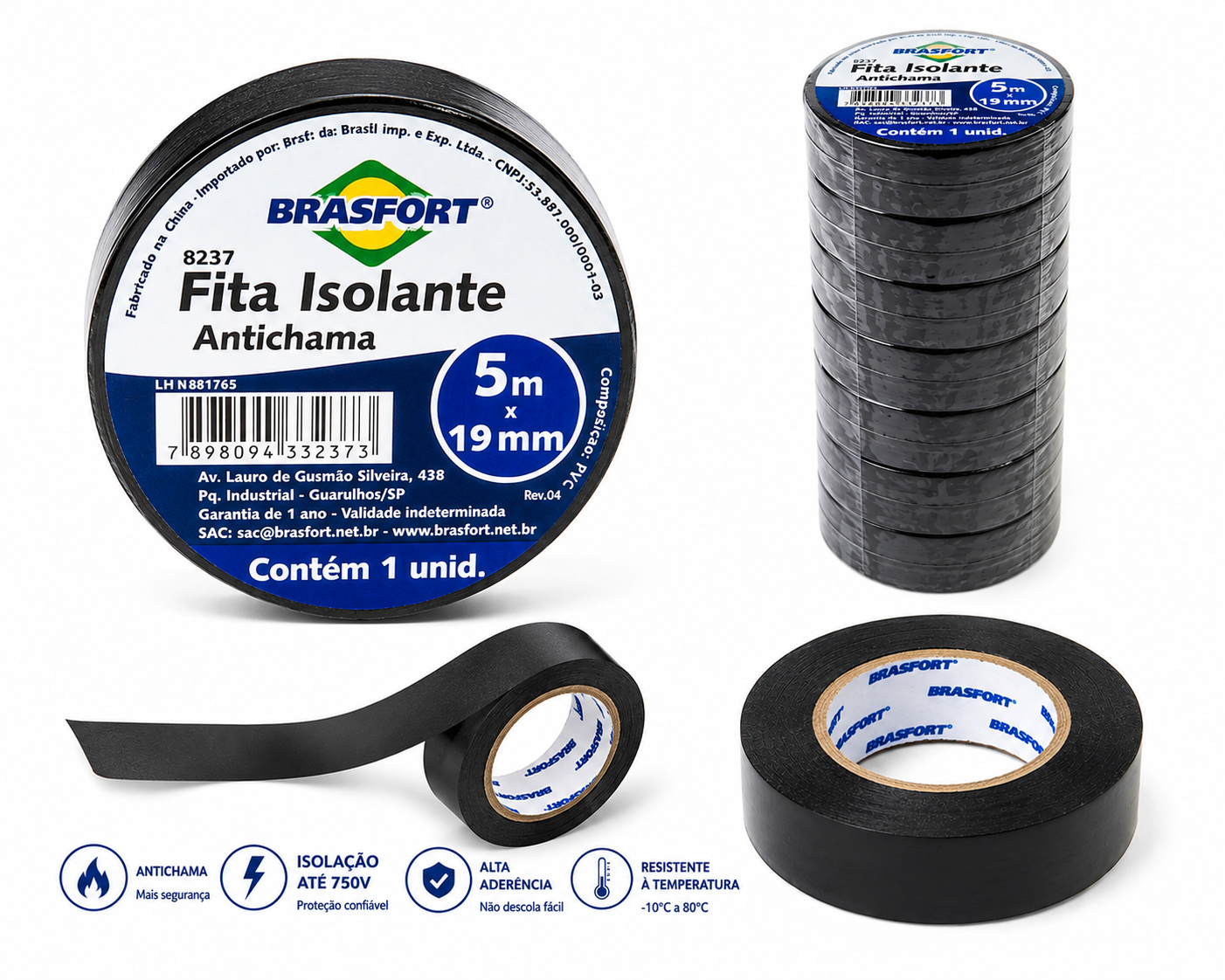 kIT COM 10 FITAS ISOLANTE ANTICHAMA 5M BRASFORT PT