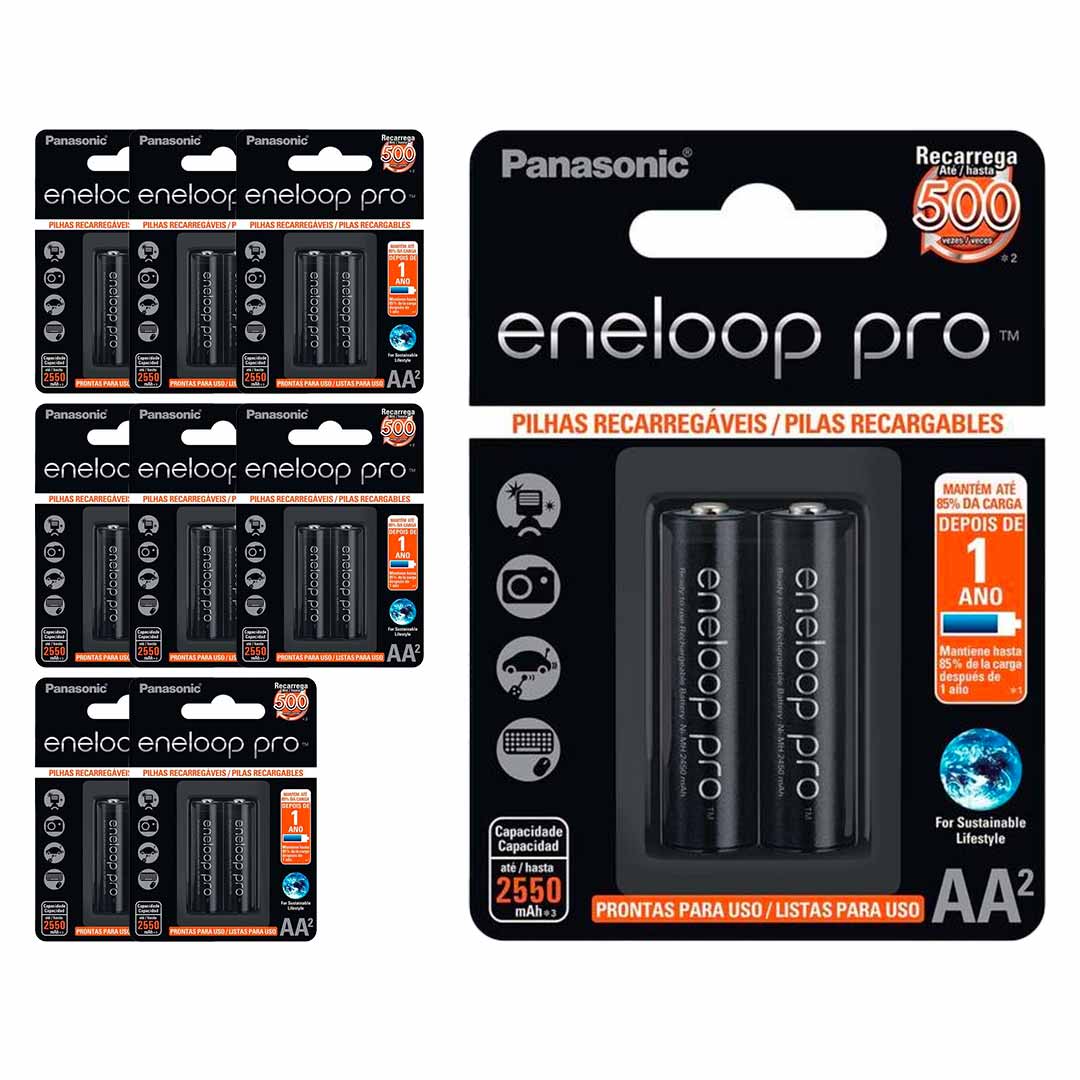 18 Pilhas Recarregaveis Eneloop Pro Aa Panasonic (9 Cart)