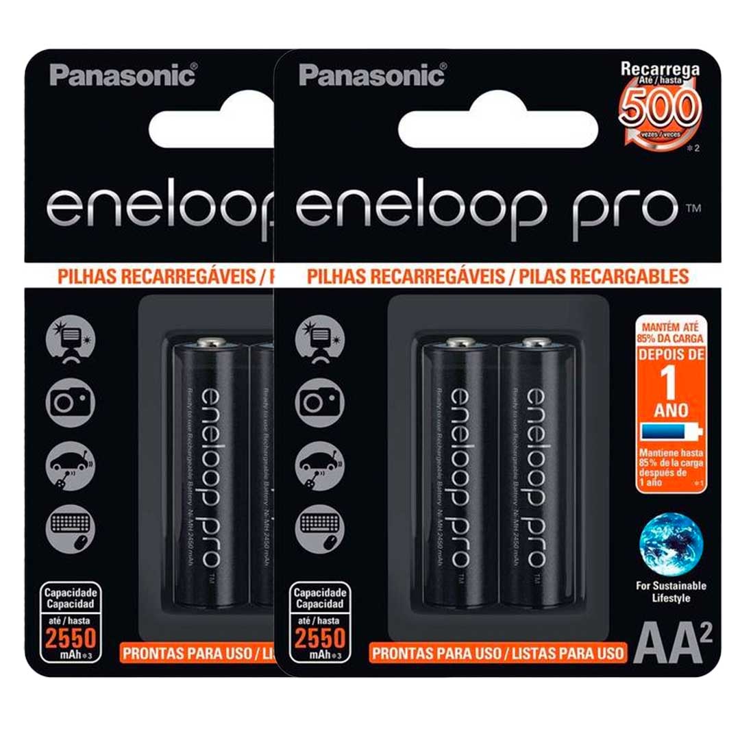 4 Pilhas Recarregaveis Eneloop Pro Aa Panasonic (2 Cart)