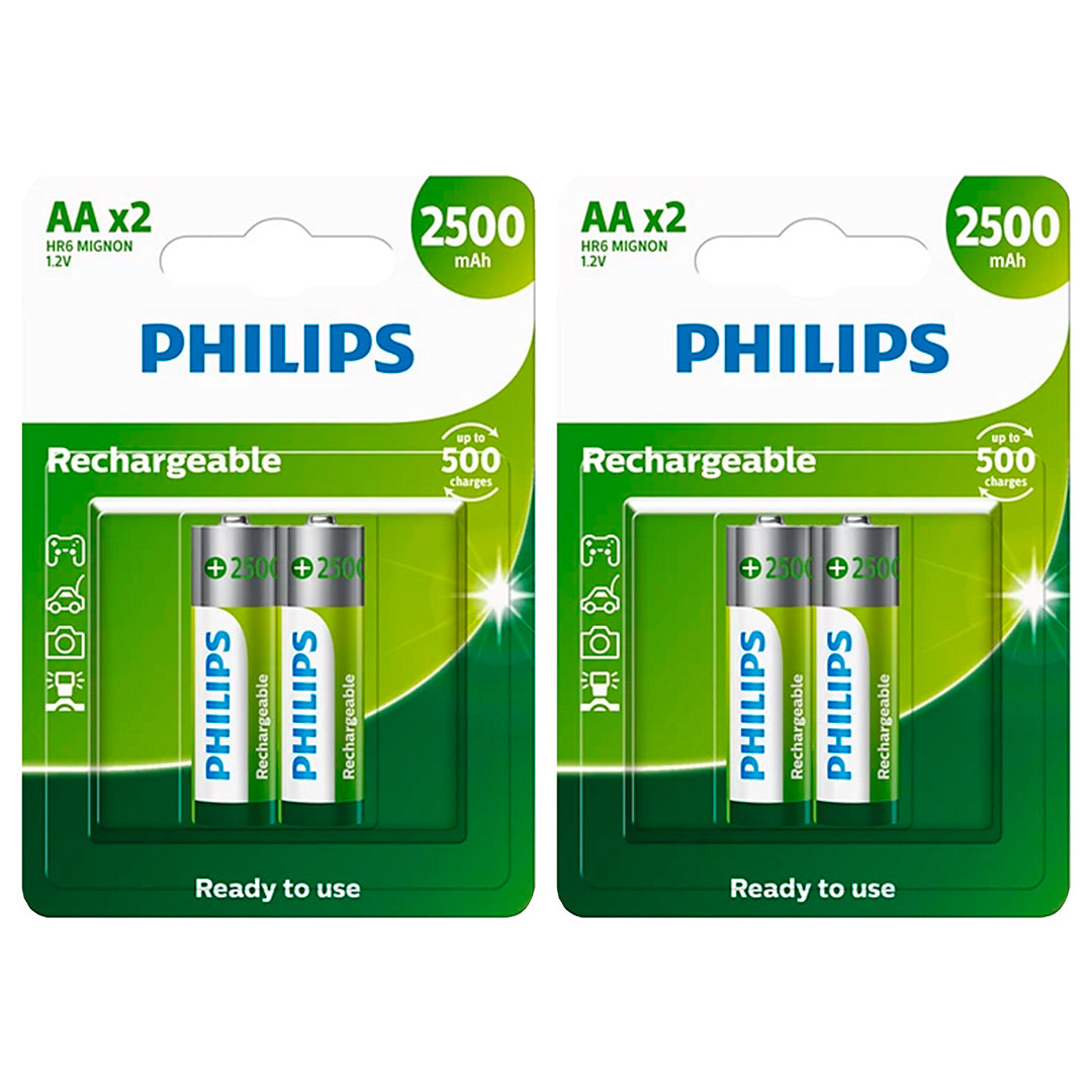 04 Pilhas AA Recarregáveis 2500mAh Philips (2  Cart)