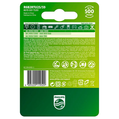 04 Pilhas AA Recarregáveis 2500mAh Philips (2  Cart)