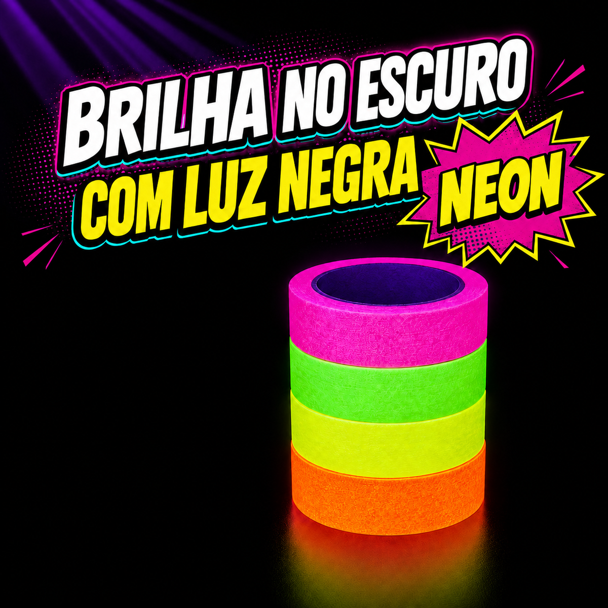 KIT COM 4 FITAS CREPE FLUORESCENTES NEON – 18mm x 50 METROS CADA