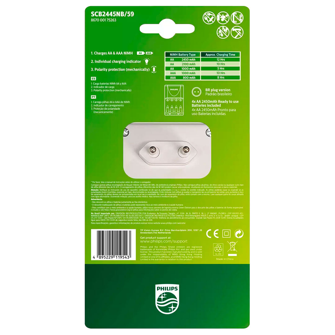 Carregador Scb Philips (01 Carregador E 04 Un Pilhas Aa) [F108]