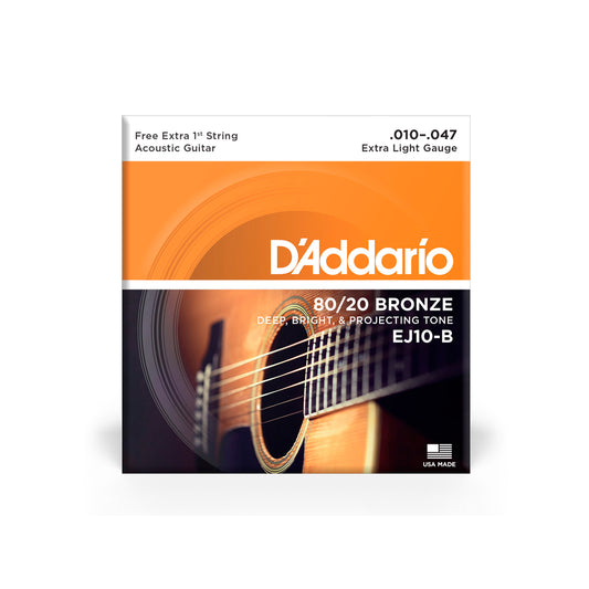 Cordas Para Violão Aço D Addario Bronze 80/20 Ej10-b+pl010 010" 047" Corda Extra Pl010 [F108]