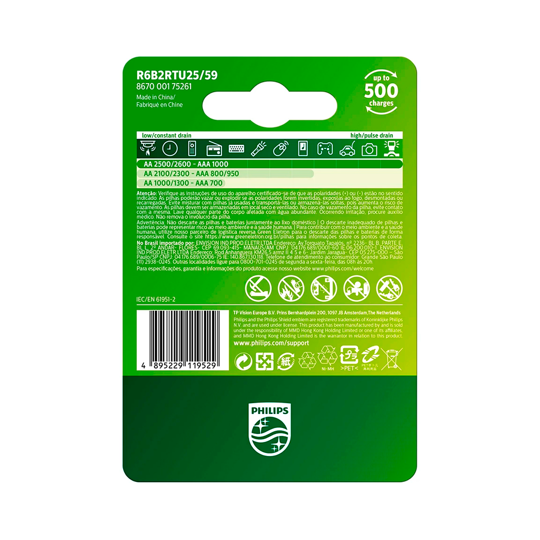 08 Pilhas AA Recarregáveis 2500mAh Philips (4  Cart)