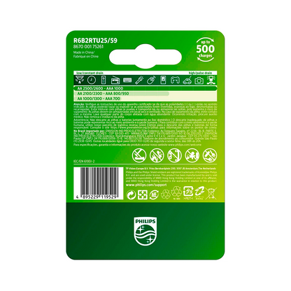 08 Pilhas AA Recarregáveis 2500mAh Philips (4  Cart)