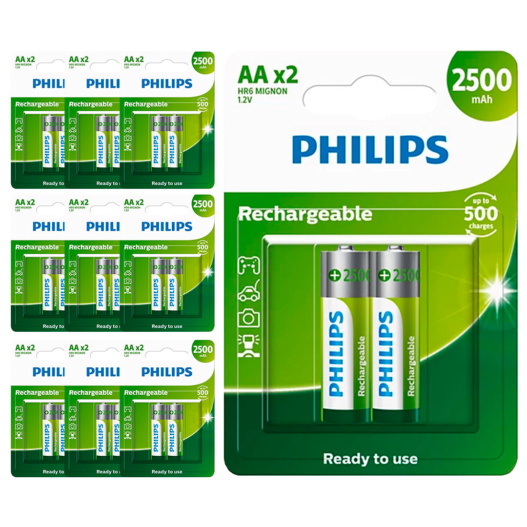 20 Pilhas AA Recarregáveis 2500mAh Philips (10  Cart)