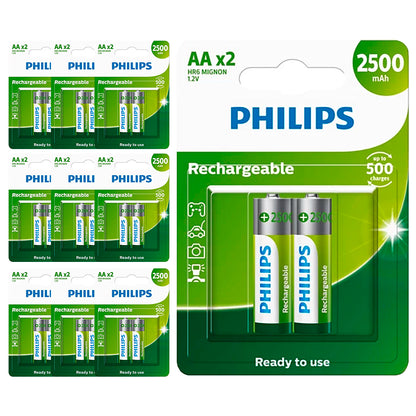 20 Pilhas AA Recarregáveis 2500mAh Philips (10  Cart)