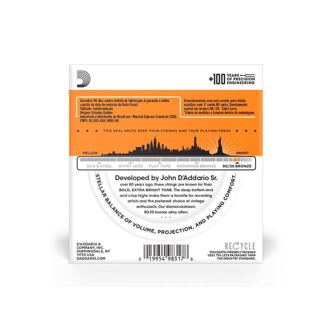 Cordas Para Violão Aço D Addario Bronze 80/20 Ej10-b+pl010 010" 047" Corda Extra Pl010 [F108]
