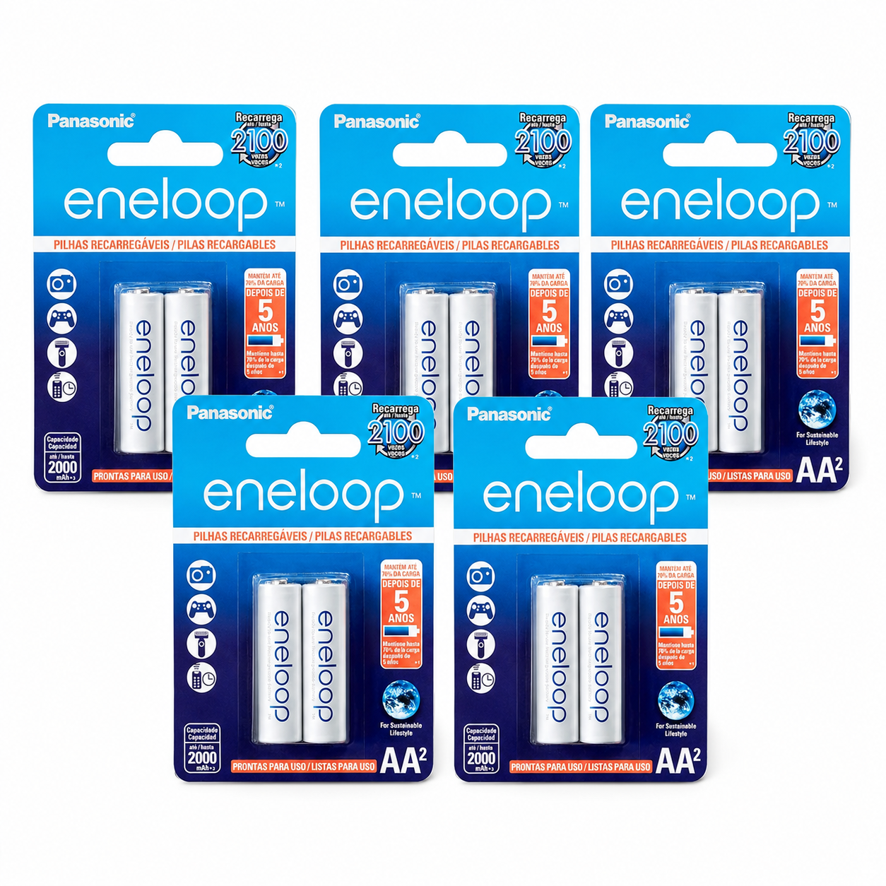 10 Pilhas Recarregaveis Eneloop Std Aa Panasonic (5 Cart)