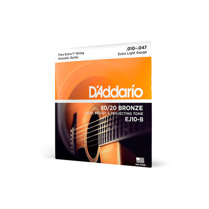 Cordas Para Violão Aço D Addario Bronze 80/20 Ej10-b+pl010 010" 047" Corda Extra Pl010 [F108]