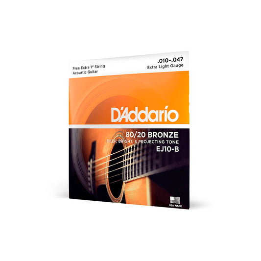 Cordas Para Violão Aço D Addario Bronze 80/20 Ej10-b+pl010 010" 047" Corda Extra Pl010 [F108]