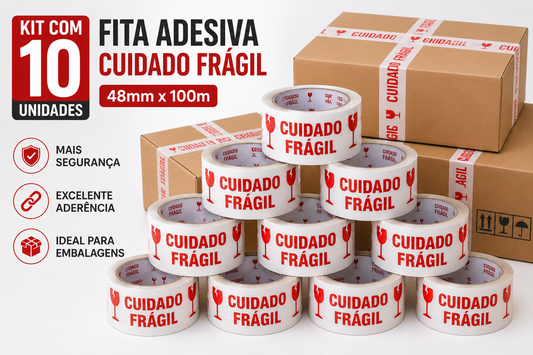 Kit com 10 Fitas Adesivas Cuidado Frágil 48mm x 100m