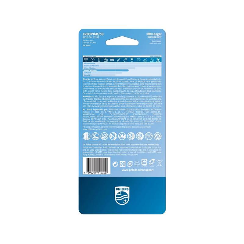 Pilhas Alcalina Philips Aaa Lr03p16bp/59 [F108]
